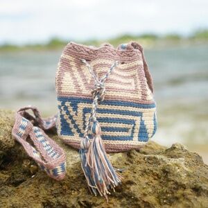 Small Wayuu Mochila - Dusty Rose & Denim Blue Handmade Boho Crossbody